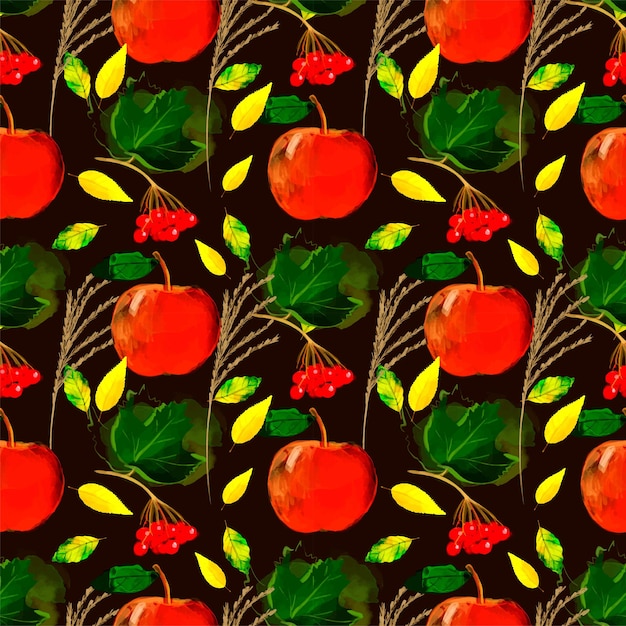 Seamless pattern watercolor illustration of autumn elements red apples viburnums spikelets leaves on black background