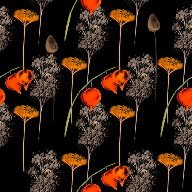 Seamless pattern watercolor illustration different spikelets and and a branch of a physalis flower on black background