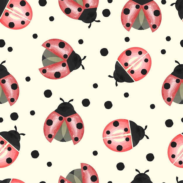 Vector seamless pattern of watercolor ladybugs