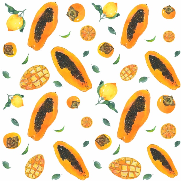 Seamless pattern watercolor painted collection of fruits handmade fresh food design elements isolated