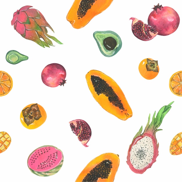 Seamless pattern Watercolor painted collection of fruits Handmade fresh food design elements isolated