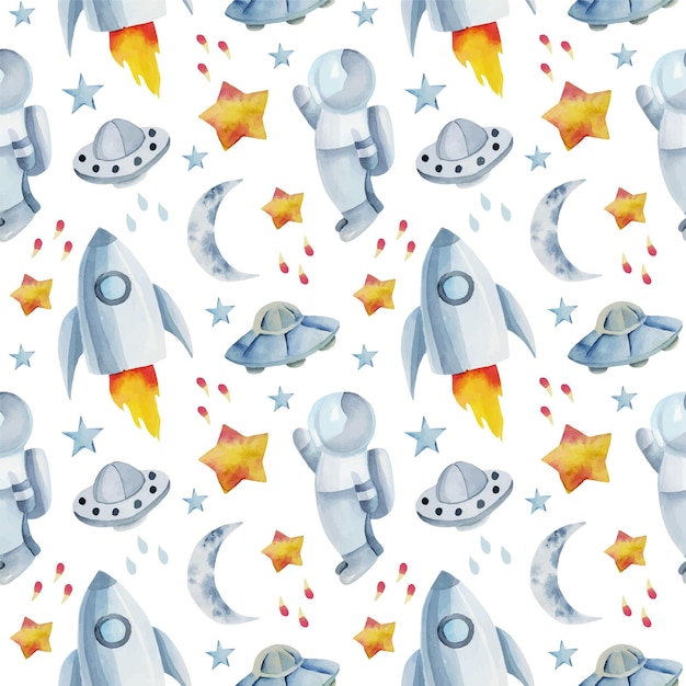 Seamless pattern of watercolor space elements (rocket, astronaut, ufo, stars)