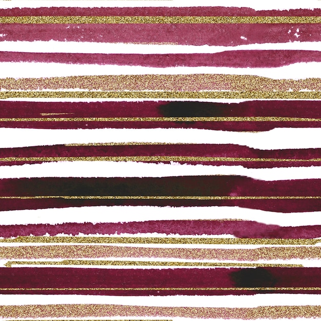 Seamless pattern watercolor stripes in dark red color with gold texture