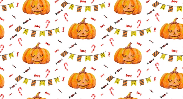 Seamless pattern in a watercolor style on the theme of Halloween. Festive flags, Halloween pumpkin a