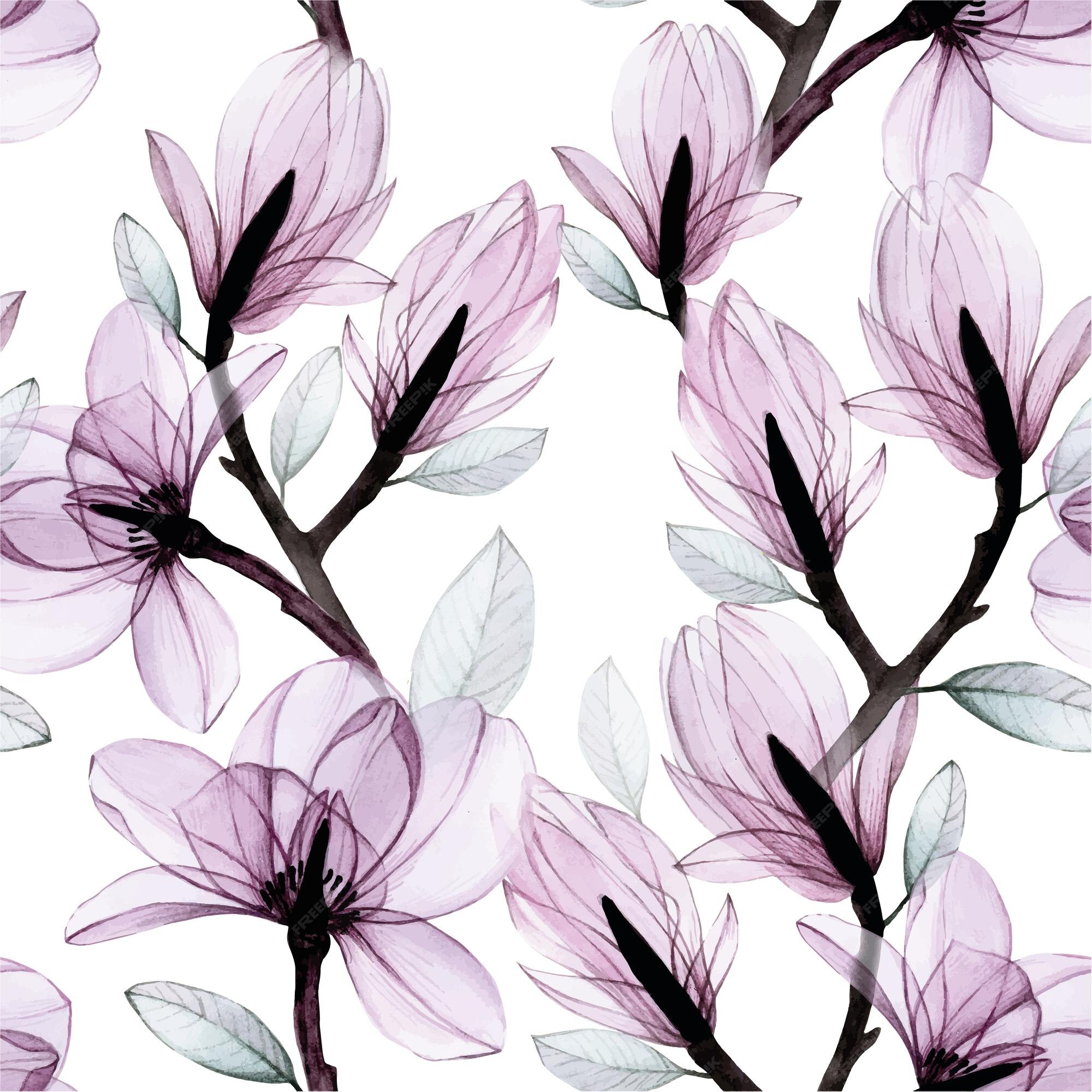 Premium Vector | Seamless pattern watercolor transparent flowers xray transparent magnolia flowers Premium Vector | Seamless pattern watercolor transparent flowers xray transparent magnolia flowers