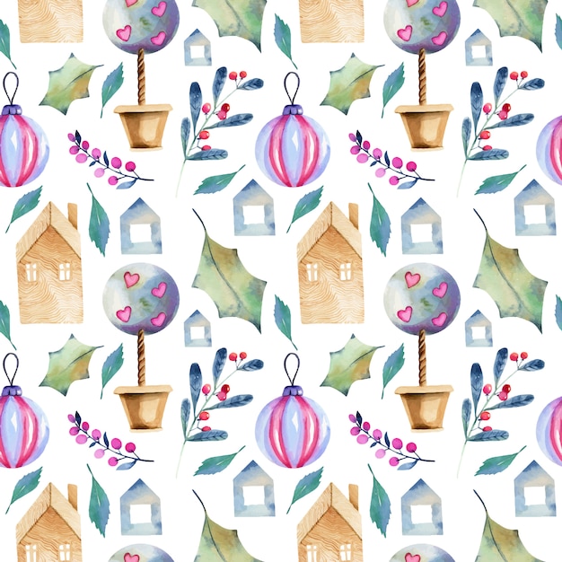 Vector seamless pattern of watercolor winter elements in scandinavian style