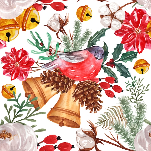 Vector seamless pattern watercolor winter floral with bird