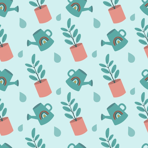 Seamless pattern Watering can and ficus on a light blue background Caring for house plants