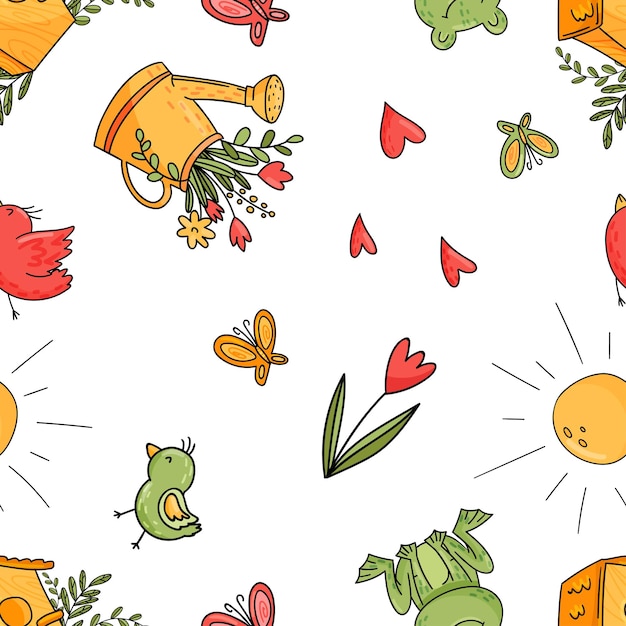 Вектор Бесшовная лейка с цветами, бабочками, сердцами, птицами, лягушками и солнцем