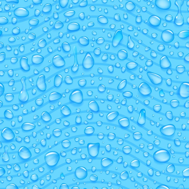 Seamless pattern of waves and water drops of different shapes with shadows in light blue colors