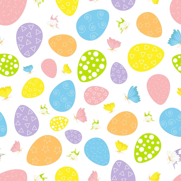 seamless pattern on white background colored eggs with butterflies