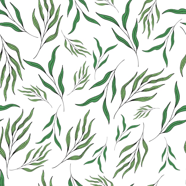 seamless pattern on a white background hand-drawn green branches with leaves