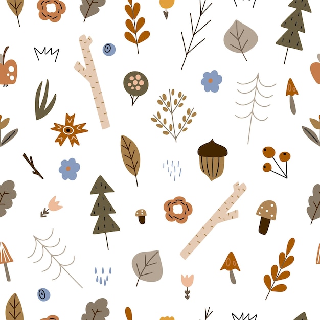 Seamless pattern on a white background with small elements of forest nature for decorating children's textiles and children's room