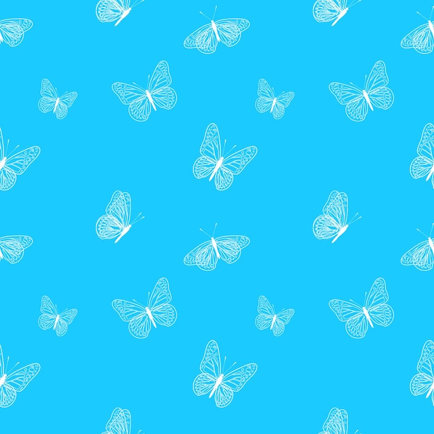 Vector seamless pattern of white butterflies on blue background. design for wrapping paper, fabric, postcar