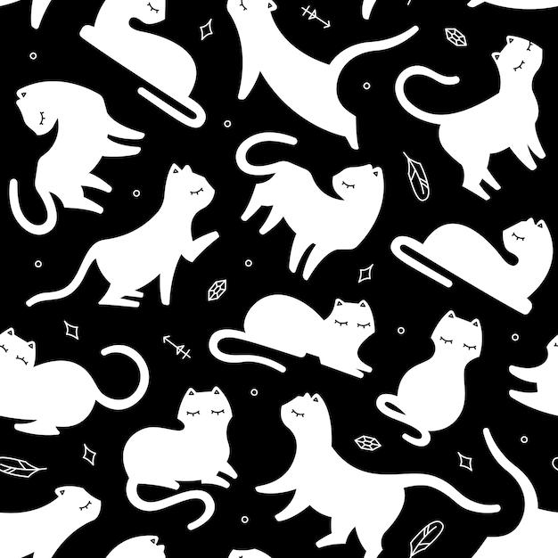 Seamless pattern white cat different poses and decorative boho style element, vector repeat mystical illustration on black background