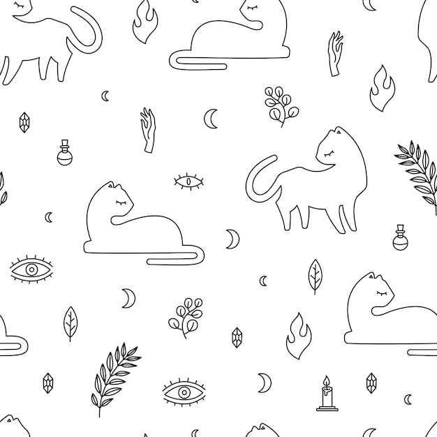 Seamless pattern white cat different poses and decorative boho style element, vector repeat mystical illustration on white background