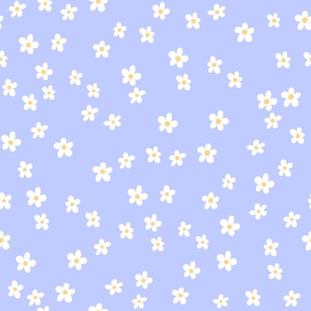 Seamless pattern of white chamomiles on a blue background in a flat style