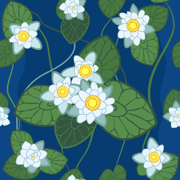 Vector seamless pattern of white lotus on the background on the background of green leaves and blue water