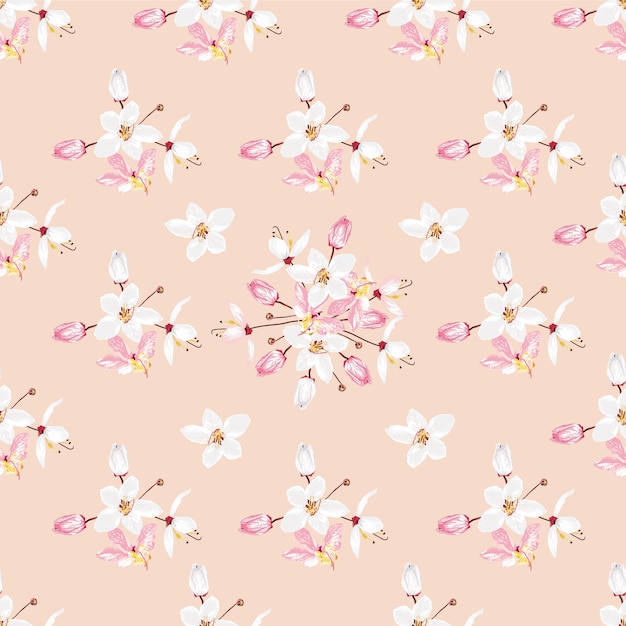 パステルカラーの背景にシームレスパターン白とピンクのKalapapruek花。