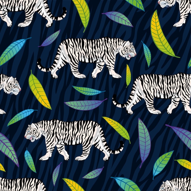 Seamless pattern. white tiger walking roar wild cat pink leaves background. fashion textile, fabric. tiger stripes   character art illustration