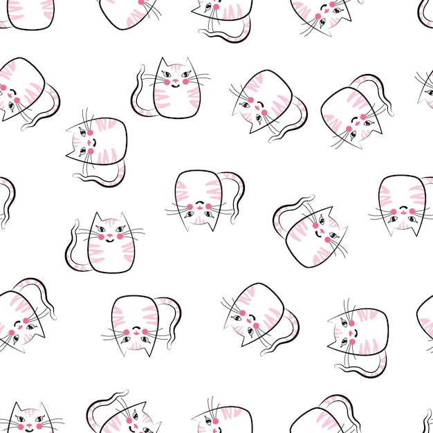 Seamless pattern whitepink cats cute childish drawing for print wallpaper fabric