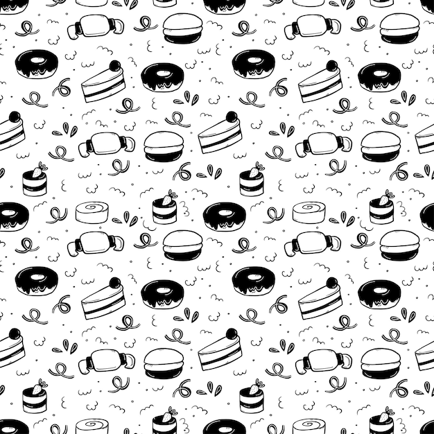 Vector seamless pattern on whitet with cake croissant macaroon donut and cinnamon roll