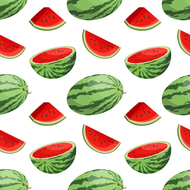 Seamless pattern whole and cut watermelon on a white background Fruit background print vector