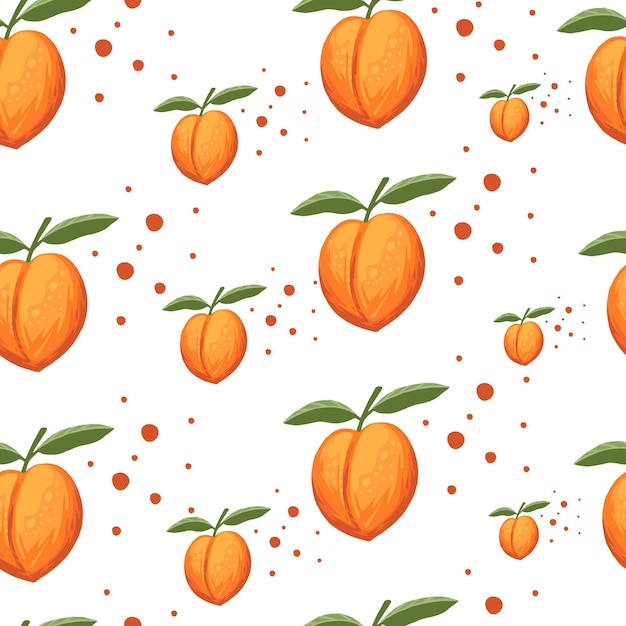 Seamless pattern of whole peaches with green leaves flat vector illustration on white background