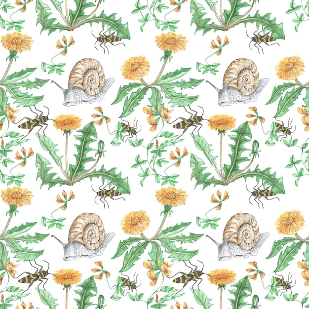 Seamless pattern wild flowers dandelions snail beetle