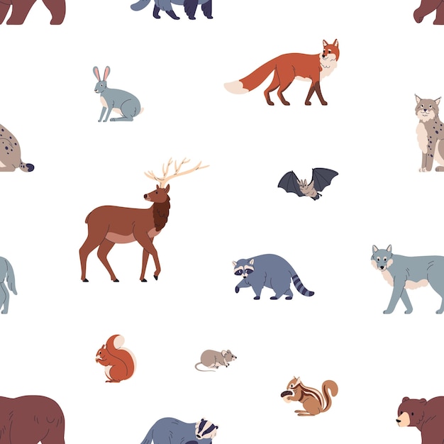 Seamless pattern wild forest fauna woods animals repeating print endless zoo background design wildlife species beasts rodents wolf fox lynx raccoon colored flat vector illustration