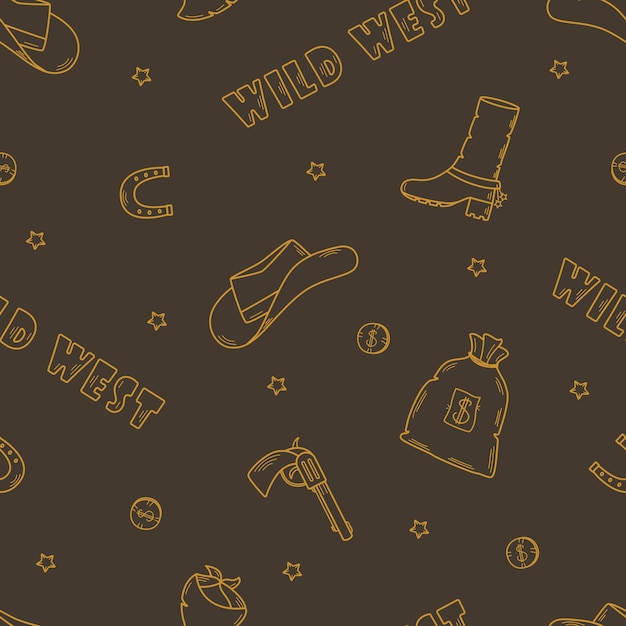 Seamless pattern wild west set of vector illustrations Cowboy western elements icon hat neckerchief boots horseshoe bag and money pistol