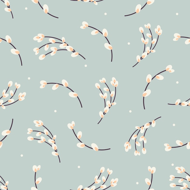 Seamless pattern of willow twigs on a gray background. Vector illustration
