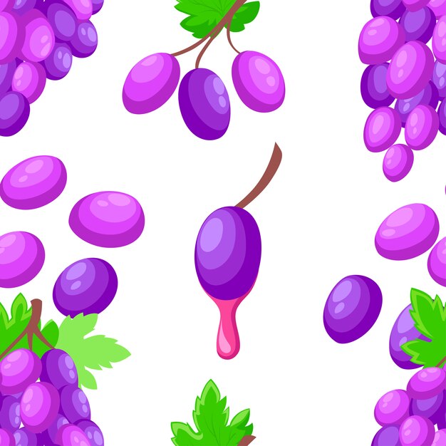 Seamless pattern. wine grape with green leaf. flat purple bunch of grape with a drop of juice. illustration isolated on white background.