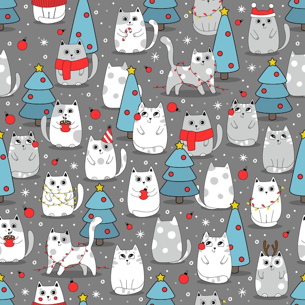 Seamless pattern winter cute cats cartoon animals background vector illustration