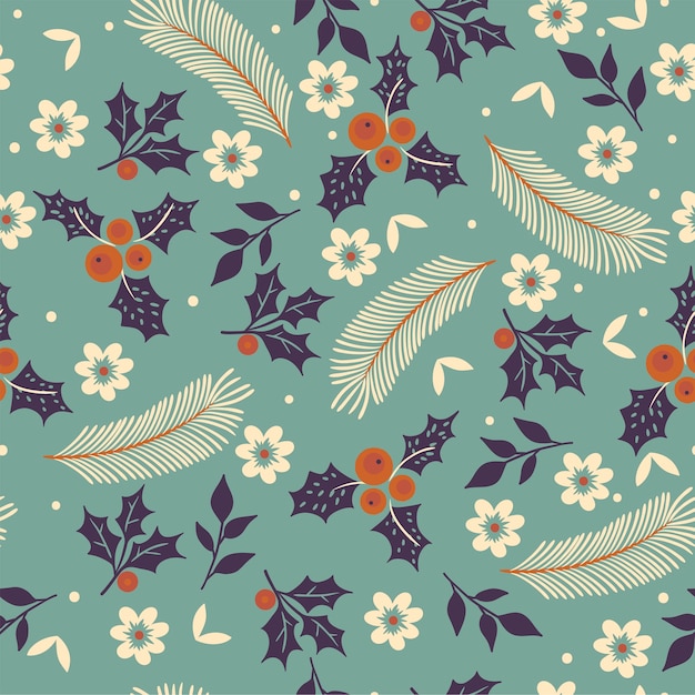 Seamless pattern of winter flora and snow.