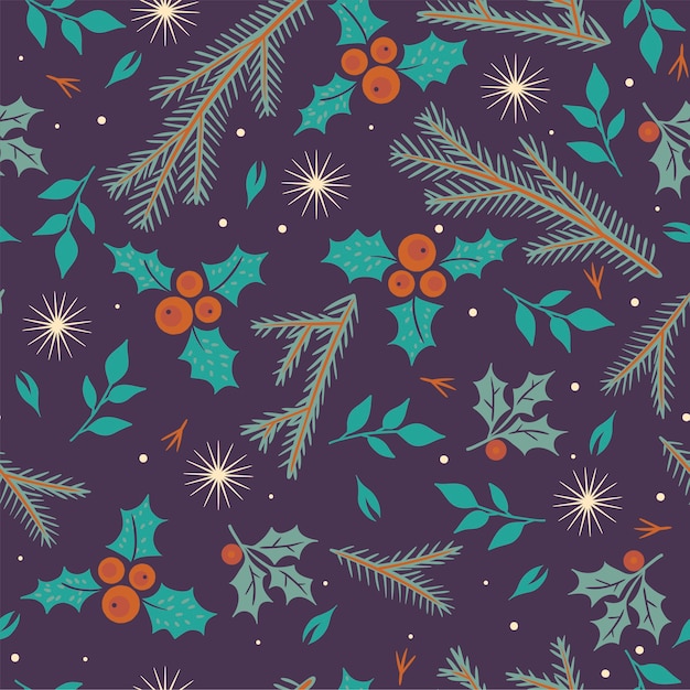 Seamless pattern of winter flora and snow. 