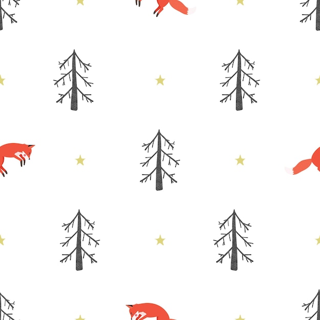 Seamless pattern of a winter forest with a fox. vector illustration