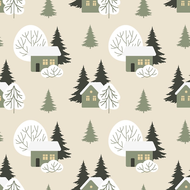 Seamless pattern winter rural landscape with houses in the snow fir trees and trees Print vector