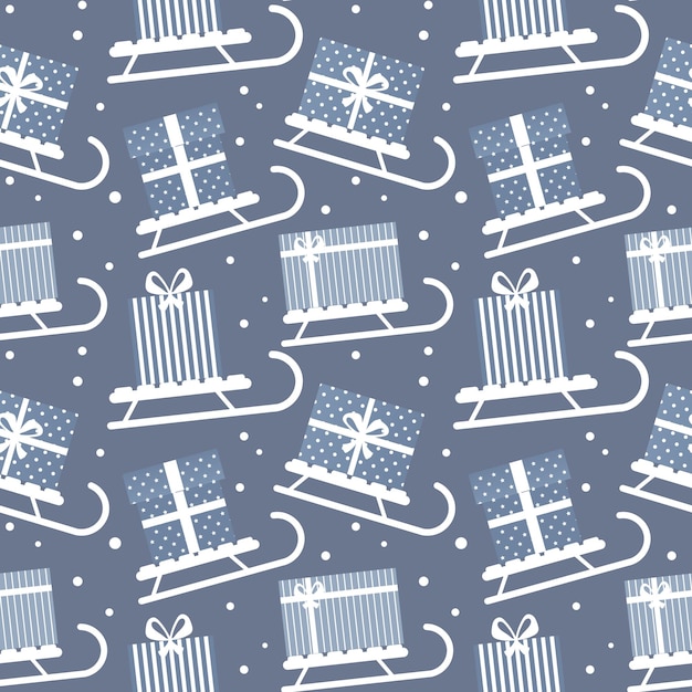 원활한 패턴, 선물 상자가 있는 겨울 썰매. 파란색과 흰색 디자인. 배경, 섬유, 벡터