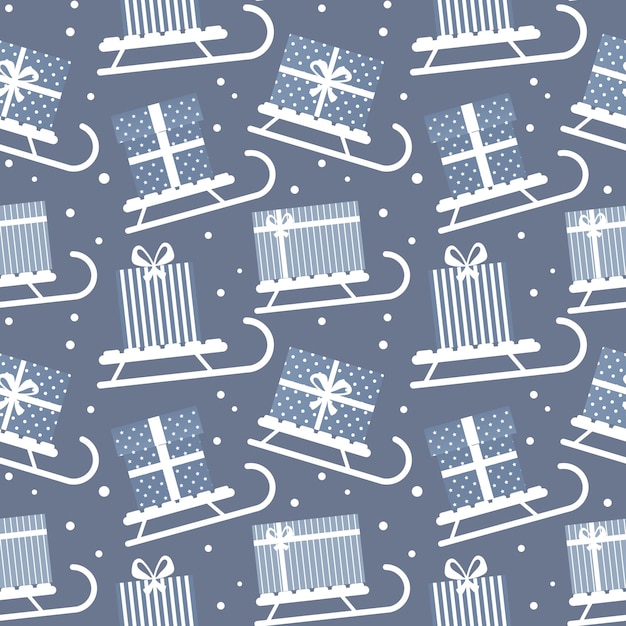 Seamless pattern, winter sleigh with gifts boxes. Blue and white design. Background, textile, vector