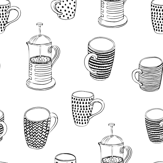 Seamless pattern wit cups and teapot black and wight  vector illustration