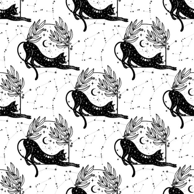 Бесшовный рисунок с кошкой. мистический узор. черная кошка, хэллоуин, солнце, звезды, луна, фазы луны.