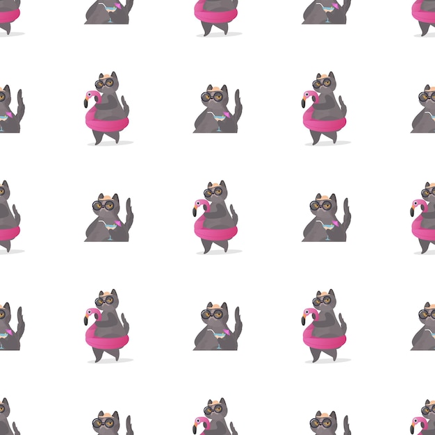 Бесшовный фон с серым котом с розовым кругом для плавания. подходит для фонов, баннеров и принтов. векторная иллюстрация