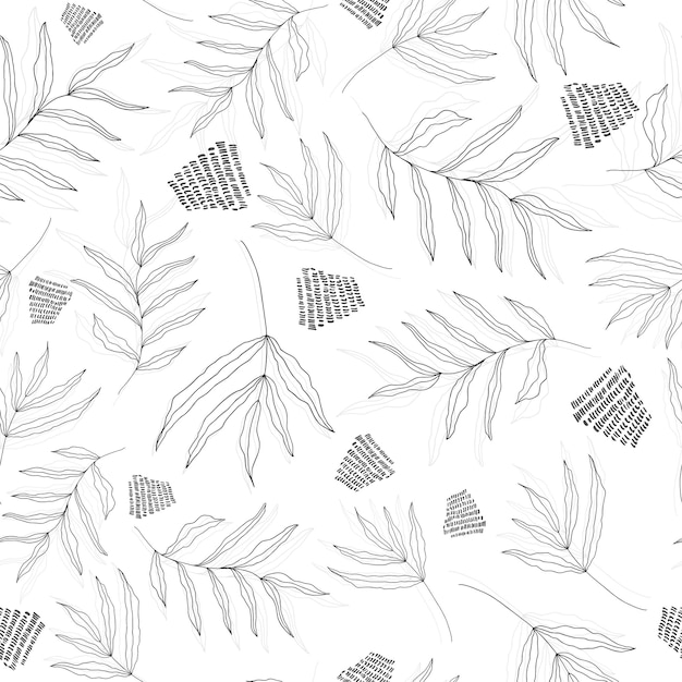 Seamless pattern with abstract black and white vegetation branches leaves and elements in a linear style outline Backgrounds for prints textiles web design postcards Vector