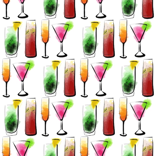 Seamless pattern with abstract cocktail illustration on white background