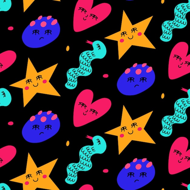 Modello senza cuciture con forme astratte di doodle disegni per bambini di cuori stelle e mostri