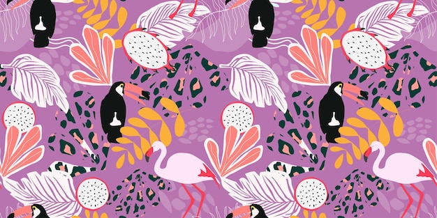 Vector seamless pattern with abstract exotic tropical print birds toucan flamingo against the background