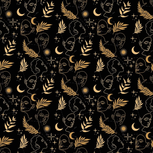 Vector seamless pattern with abstract face of a girl. pattern with face, stars, moon, constellation, herbs.