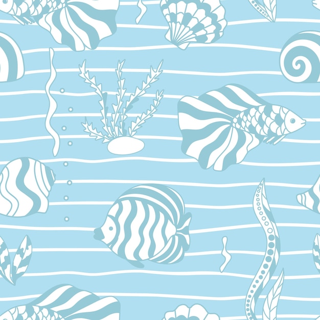 Seamless pattern with abstract fish blue outline on white wavy lines Underwater world seabed background Marine design