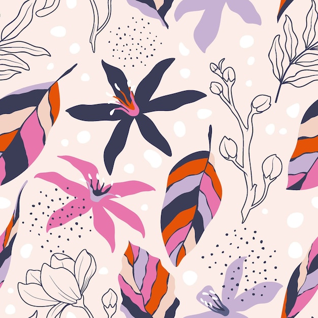 Seamless pattern with abstract flowers and leave.